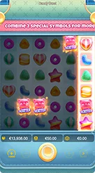 Candy Burst · Pemeriksaan tiga panel angka di bilah bawah: saldo, nilai taruhan, dan indikator kemenangan.