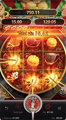 Hotpot · Pemantauan grid 3x3 bertema kuah hotpot dan teks perolehan Total Win di tengah layar.