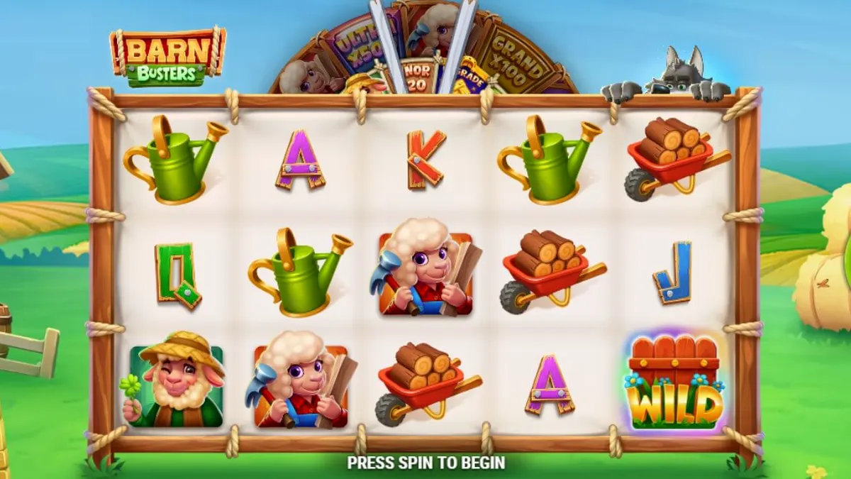 Tampilan visual slot Barn Busters dengan tema pertanian dan roda keberuntungan