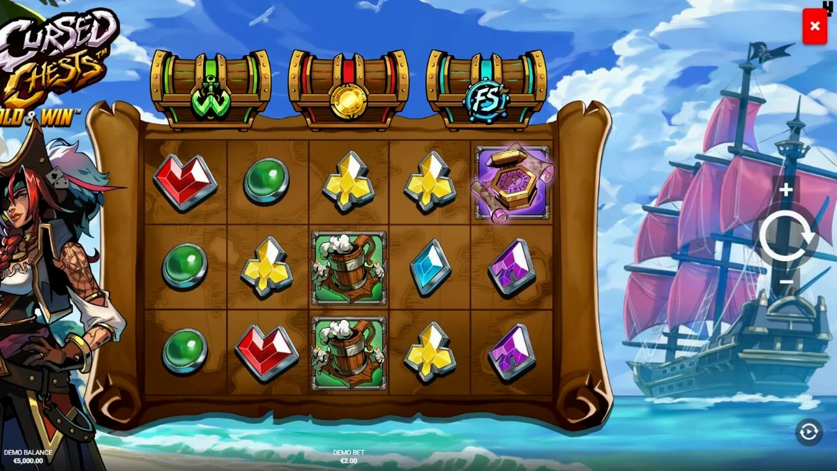 Tampilan visual slot 3 Cursed Chests: Hold & Win dengan tema bajak laut yang gelap