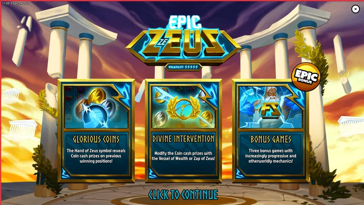 Tampilan visual slot Epic Ze Zeus dengan tema mitologi Yunani dan petir